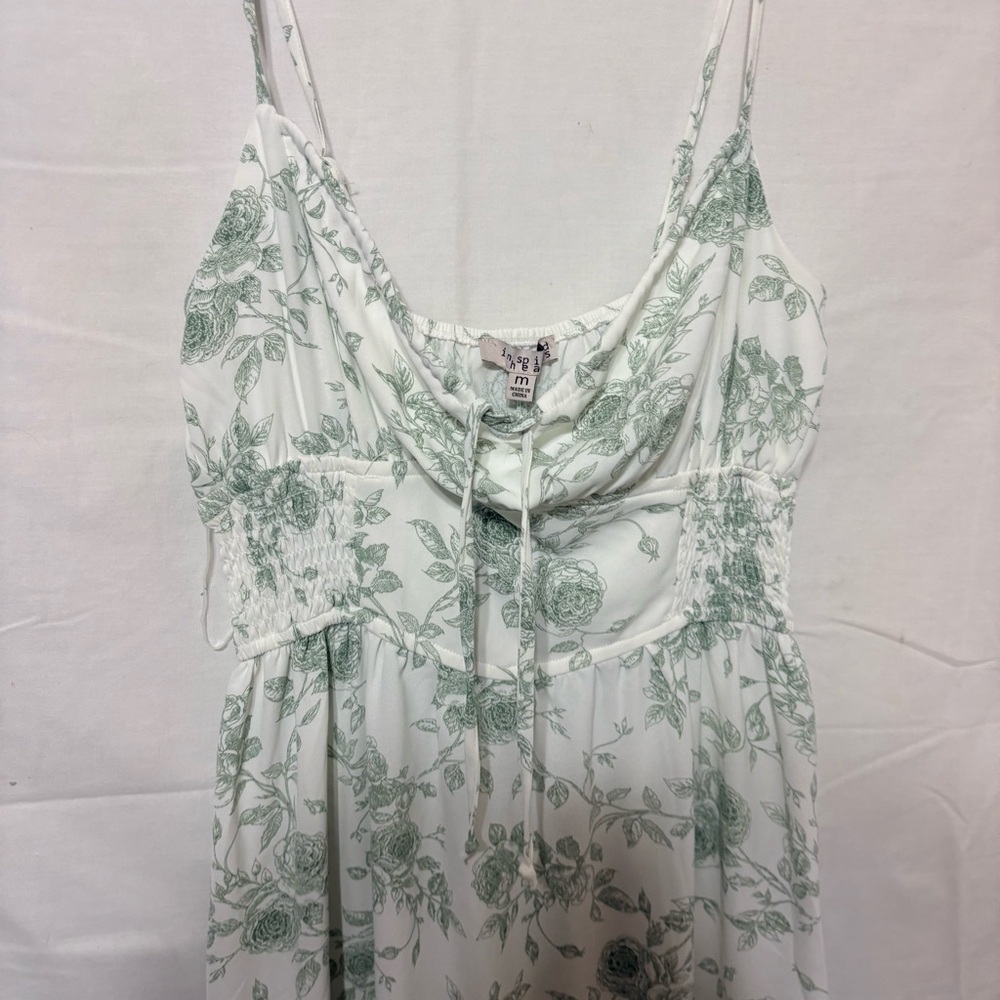 Ivory green floral ruffle trim midi dress with a floral print, smocked waist, - Picture 3 of 10